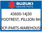 Suzuki Oem Part 43600-14J30 Footrest, Pillion Rh (silver) New. Price: $173.24.
